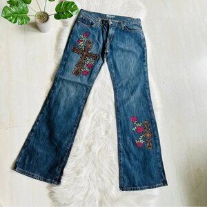 Kippys Leather Swarovski Embellished Cross Flare Designer Jeans Made in USA, 29